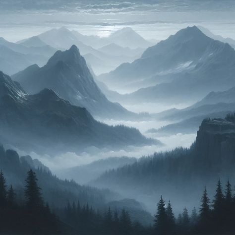 Dawn Mist Mountains Canvas Monochromatic Painting Ideas, Mountain Color Palette, Moodboard Pictures, Grey Mountains, Whimsical Photoshoot, Free Instagram Highlight Covers, Misty Landscape, Monochromatic Painting, Painted Pictures