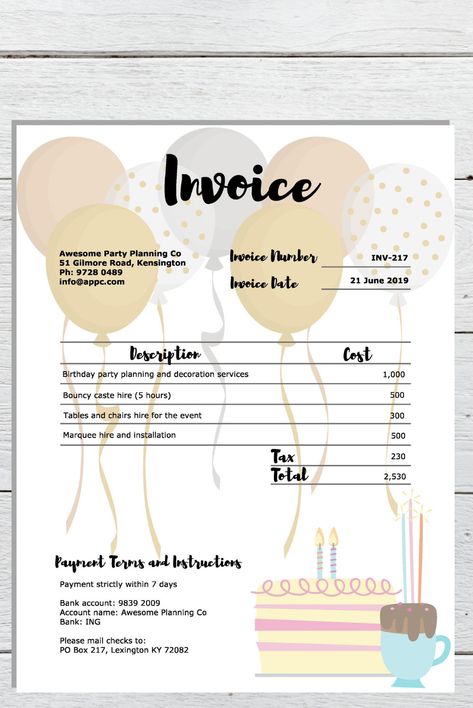 Excited to share this item from my #etsy shop: Invoice & Receipt Template Pack - Editable PDF Download - Party Planning/Kids' Entertainment Business - Letter size Balloon Garland Invoice, Balloon Decor Invoice, How To Start A Party Rental Business, Party Planner Business, Event Planning Checklist Templates, Party Rentals Business, Kids Party Rentals, Decorating Business, Picnic Planning