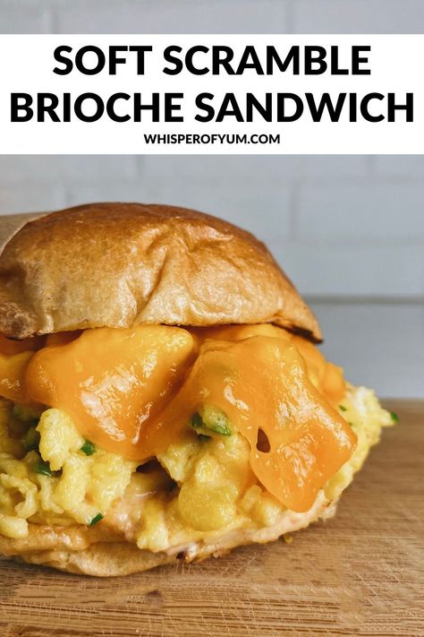 soft scramble eggs + chives + cheddar cheese + sriracha mayo all on a toasted brioche bun. #breakfast #sandwich #eggs #brioche #sriracha Brioche Sandwich, Croissant Sandwiches, Ham Breakfast Casserole, Scramble Eggs, Egg Sandwich Breakfast, Ham Breakfast, Brioche Recipe, Brioche Bun, Breakfast Sandwich Recipes