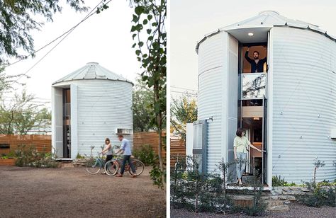 Habitat insolite : ce silo agricole a été aménagé et est devenu une véritable petite maison ! Exposed Lighting, Lofted Bed, Silo House, Grain Silo, Small Vanity, Unusual Homes, Casa Container, Gourmet Kitchen, Tiny Spaces