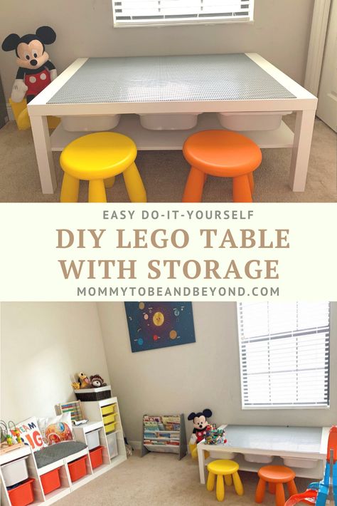 Lego Table Diy Homemade, Lego Table For Older Kids, Diy Lego Table With Storage, Ikea Lego Table, Duplo Table, Diy Lego Table, Ikea Bins, Table Lego, Coffee Table Hacks