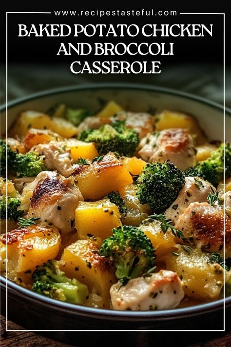 A hearty and comforting casserole featuring tender chicken, fresh broccoli, creamy potatoes, and a golden cheesy crust. Perfect for family dinners, potlucks, or casual gatherings! Chicken Potatoes Broccoli Bake, Chicken Potato Casserole Healthy, Chicken Broccoli Baked Potato, Baked Potato Chicken Broccoli Casserole, Baked Potato Chicken And Broccoli Casserole, Chicken Potato Broccoli Casserole, Crock Pot Chicken And Broccoli, Chicken Broccoli Potatoes, Chicken Potatoes Broccoli