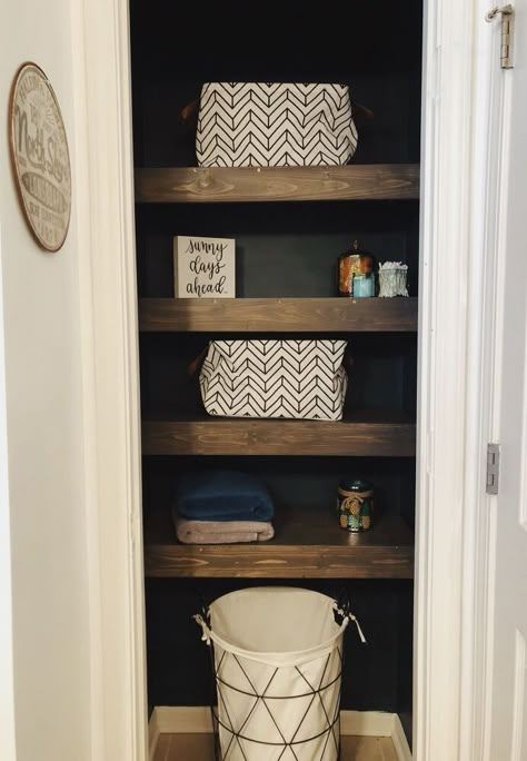 Open Closet In Bathroom Ideas, Wood Shelves Linen Closet, Open Closet Bathroom Ideas, Wood Shelves Bathroom Closet, Open Shelving Bathroom Closet, Linen Closet To Open Shelves, Open Concept Bathroom Closet, Shelves In Bathroom Closet, Open Hall Closet Ideas