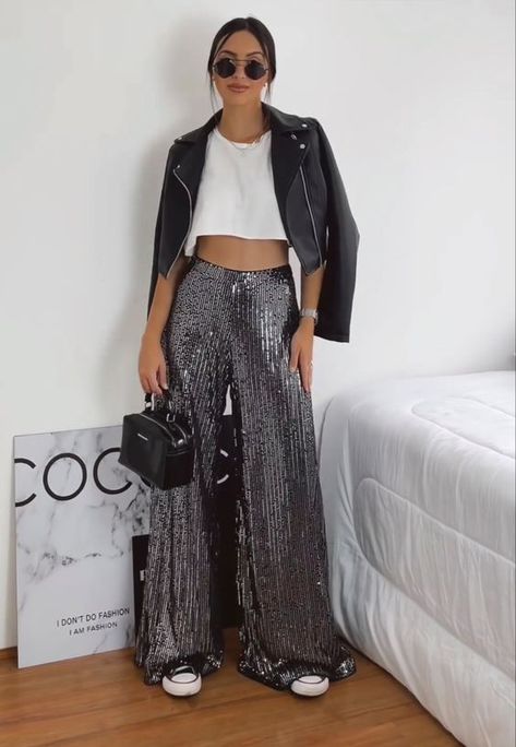 Rate This nye outfit ideas From ⭐1~10. SAVE & FOLLOW i will update everyweek. Sequin Outfit Party, Casual Sparkle Outfit, Sequin Pants With Sneakers, Funky Night Out Outfit, Adele Concert Outfit Vegas, Fiesta Bresh Outfit, Sequin Concert Outfit, Rbd Outfits Ideas Concert 2023, Sequin Pants Outfit Casual