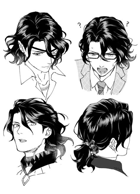 Male Hair Reference Drawing Ponytail, Medium Length Haircut Drawing Reference, Short Hairstyles For Men Drawing, Male Hair Long Drawing, Messy Hairstyles Men Drawing, Character Hairstyles Male, Male Ocs With Long Hair, Messy Hair Art Reference, Male Hairstyles Drawing Long