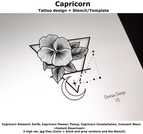 Capricorn Horoscope Flower Tattoo | Tattoo Design and Tattoo Stencil/Template | Instant Digital Download #flowers #capricorntattoo #horoscopetattoo #zodiactattoo #napetattoo #womentattoo #wristtattoo #pansytattoo #flowertattoo #CapricornConstellation Capricorn Flower Tattoo, Violet Tattoos, Capricorn Sign Tattoo, Capricorn Flower, Pansy Tattoo, Capricorn Horoscope, Capricorn Art, Astrology Tattoo, Dragonfly Tattoo Design