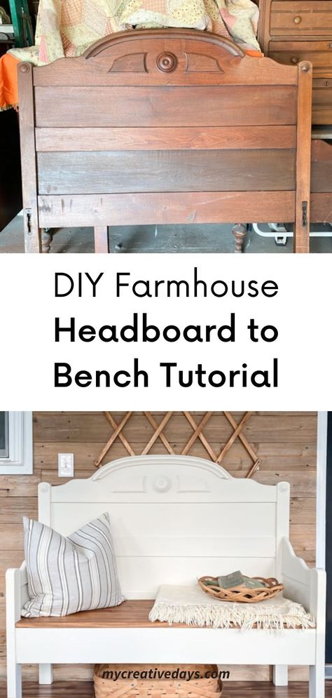 Make A Bench From A Headboard, Bed Frame Bench Ideas, Benches Made From Headboards, Bench Made From Headboard And Footboard, Bench From Headboard And Footboard, Repurpose Headboard Ideas, Repurposed Headboard Ideas Diy, Headboard Repurpose Ideas, Headboard Bench Diy