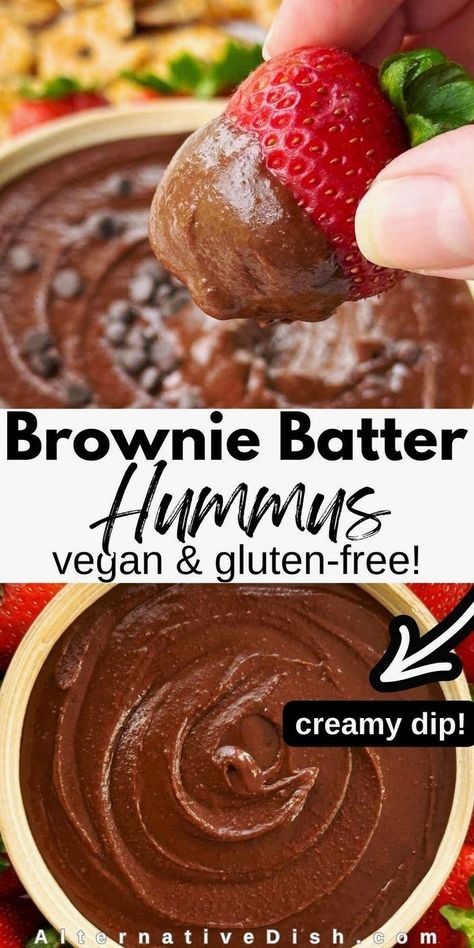 The BEST Brownie Batter Hummus has the creamy, flavorful qualities of traditional hummus and transforms it into a chocolaty treat. This vegan and gluten-free recipe is quick and easy to make for a sweet snack or dessert. Learn how to make brownie batter hummus and get more easy vegan recipes at AlternativeDish.com. Brownie Batter Hummus Recipe, Chocolate Hummus Recipes, Brownie Hummus, Dessert Hummus Recipe, Brownie Batter Hummus, Traditional Hummus, Vegan Brownies Easy, Chocolate Hummus, Hummus Recipes