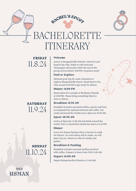 Epcot bach itinerary printable Disney Bachelorette Party Itinerary, Epcot Bachelorette Party, Bach Itinerary, Bachelorette Itinerary, Bachelorette Trip, Bach Party, Walt Disney World, Disney World, Orlando