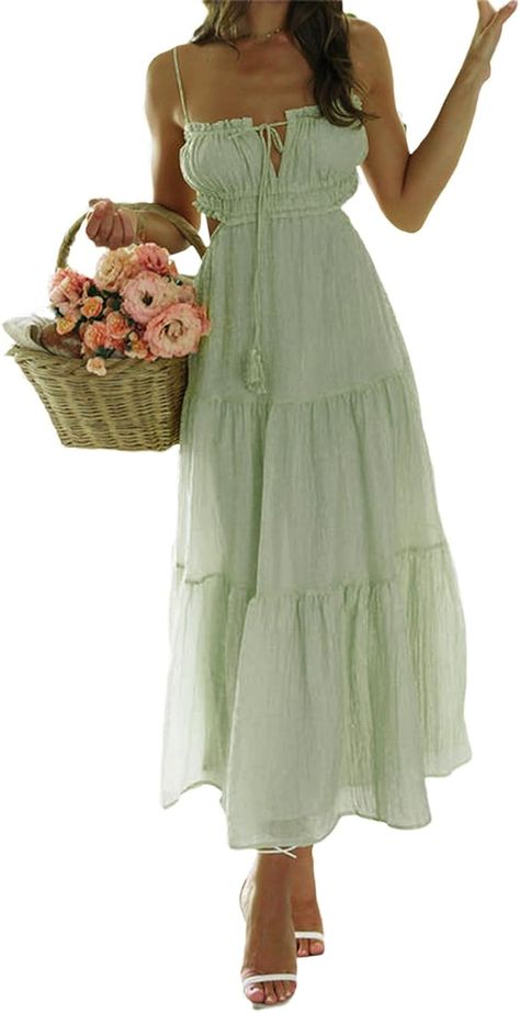 Backless flowy maxi dress Sheek Outfits Classy, Earthy Sundress, Green Flowy Linen Dress, Long Flowy Dress Aesthetic, Sage Green Garden Party, Sun Dresses Long, Flowy Dress Aesthetic, Green Garden Party, Folklore Outfit