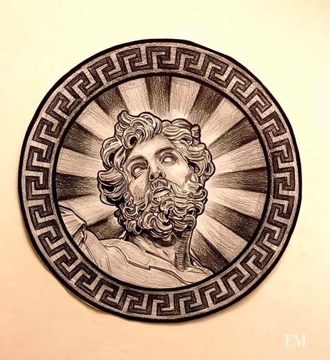 Tattoo inspiration Greece Tattoo Mythology, Circle Portrait, Greece Tattoo, Greek God Tattoo, Chicano Tattoos Sleeve, Man Drawing, Ancient Tattoo, Greek Mythology Tattoos, Wrist Tattoos For Guys