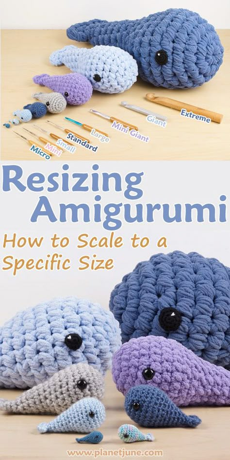 Resizing amigurumi: how to scale to a specific size. Image shows 8 amigurumi whales of different sizes crocheted from the same pattern. How To Size Up A Crochet Pattern, How To Resize A Crochet Pattern, How To Enlarge A Crochet Pattern, Amigurumi Dinosaur Free Pattern Easy, Marshmallow Amigurumi Free Pattern, 15 Mm Crochet Hook Patterns, Crochet Scales Pattern, Variegated Yarn Amigurumi, Weighted Amigurumi