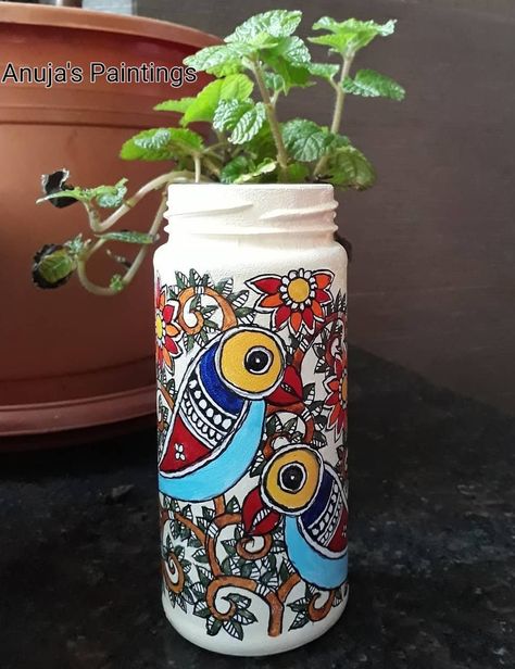 Madhubani painting Madhubani Painting On Bottle, Emotional Friendship, Bottle Art Projects, India Decor, Painting Glass Jars, Pots Diy, Madhubani Paintings, School Camp, Pot Painting