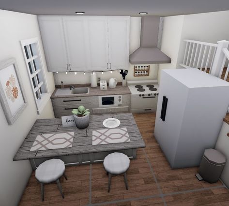 Bloxburg Roblox Kitchen White Grey Kitchen, Bloxburg Aesthetic, Blocksburg Room Ideas￼, Bloxburg Kitchen, Doorway Decor, House Decorating Ideas Apartments, Small House Layout, Gray And White Kitchen, Simple Bedroom Design