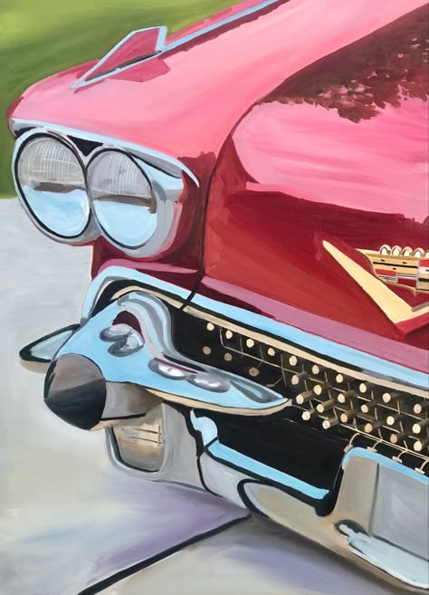 1958 Cadillac I painted recently. 30x40 canvas painted in oils Painting Ideas On Canvas Bedroom, Vintage Car Wall Art, Vintage Car Painting, Rich Painting, Vintage Cadillac, Photo Realism, 50s Art, Retro Painting, Cool Car Drawings