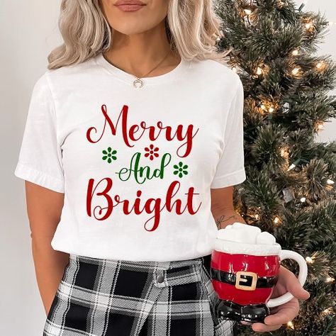 $22.20 | Merry and Bright Festive Red and Green Christmas #merry and bright, christmas, festive, holidays, jolly, womens, red and green, merry christmas, stylish, trendy Merry And Bright Shirt Ideas, White Christmas Quotes, Christmas Quote Shirts, Green And White Christmas, Christmas Merry And Bright, Quote Shirts, Red And Green Christmas, Merry And Bright Christmas, Christmas Quote