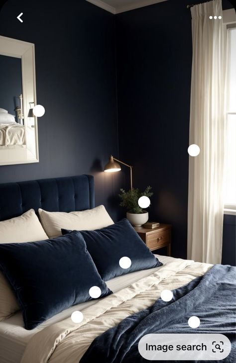 Blue Cozy Bedroom, Midnight Blue Bedroom, Modern Dark Bedroom, Vogue Decor, Silver Nightstand, Dark Bedroom Aesthetic, Dark Blue Rooms, Blue Bedroom Ideas, Dark Blue Bedrooms