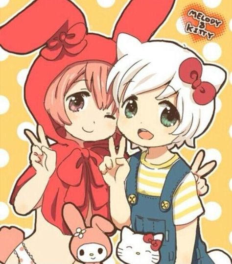 My Melody & Hello Kitty #Manga #Anime Hello Kitty Anime Human, Sanrio Characters Human Version, Hello Kitty Human Drawing, Sanrio Gijinka, Sanrio Drawings Human, Cartoons As Anime, Hello Kitty Human Version, Sanrio Artwork, Kawaii Graphics