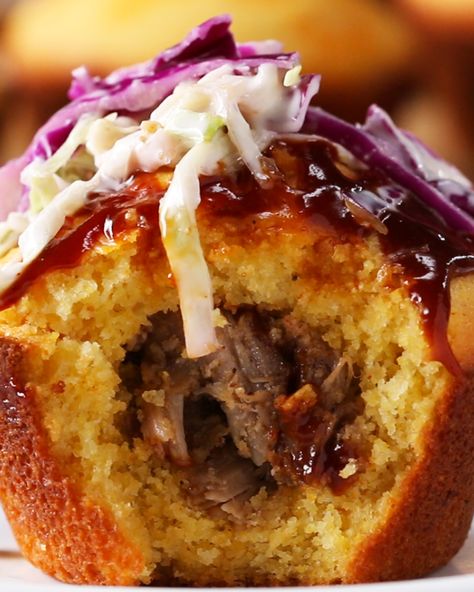 Pulled Pork-Stuffed Cornbread Muffins Recipe by Tasty Stuffed Cornbread Muffins, Stuffed Muffins Recipes, Stuffed Cornbread, Stuffed Muffins, Popovers Recipe, Breakfast Toasts, Breakfast Cups Recipe, Savory Cornbread, Cornbread Muffins Recipe