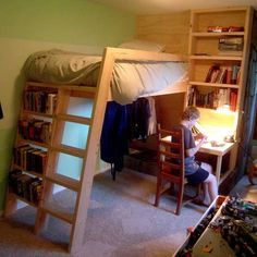 I love the bookshelves!! I've always wanted to make the boys loft beds. I'll have to take a closer look at this plan. Boys Loft Beds, Bed With Desk Underneath, Cool Loft Beds, Build A Loft Bed, Loft Bed Ideas, Bed Ikea, A Loft Bed, Loft Bed Plans, Murphy Bed Ikea