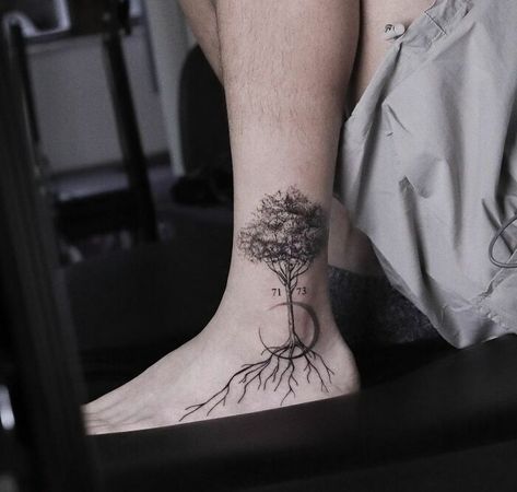 Tree Of Life Tattoo Ankle, Rooted Tree Tattoo, Roots Ankle Tattoo, Ankle Tree Tattoo, Leaf Ankle Tattoo, Tattoo Roots, Mens Ankle Tattoos, Foot And Ankle Tattoo, Tree With Roots Tattoo