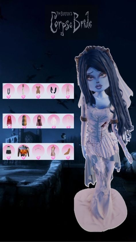 Dti Corpse Bride Face, Dress To Impress Corpse Bride No Vip, Corps Bride Dress To Impress, Corpse Bride Dti Outfit No Vip, Emily Corpse Bride Dress To Impress, Di Corpse Bride, Emily Corpse Bride Full Body Picture, Corpse Bride Dti Outfit, Halloween Dti Outfit Ideas No Vip