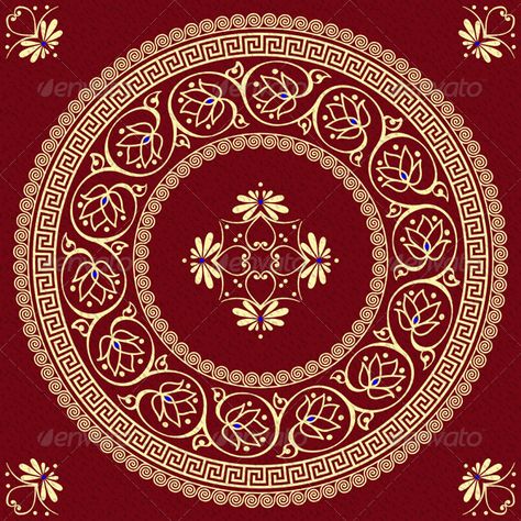 set Traditional vintage golden round Greek ornament (Meander) and floral pattern on a red background.    More backgrounds, ornamen Greek Ornament, Alpona Design, Greek Pattern, Greek Design, Ornament Pattern, December 13, Image Vector, Mandala Design Art, Seminyak