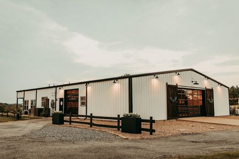 Metal Building Makeover Exterior, Metal Building Event Space, Homestead Wedding Venues, Metal Wedding Venue Building, Wedding Venue Ideas Modern, Farm Venue Ideas, Barn For Events, Building A Wedding Venue Business, Barndominium Wedding Venue Ideas