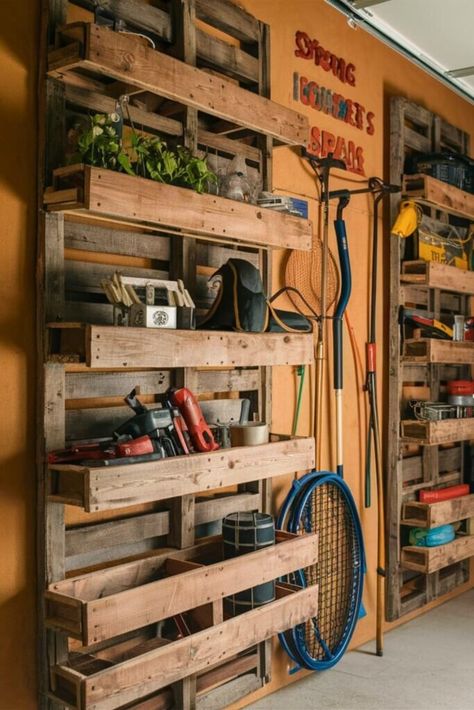 15 DIY Garage Shelves [For Every Item] – craftydiyers.com Shelving For Garage Organizing Ideas, Diy Wood Garage Shelves, Pallet Garage Shelves, Pallet Shelves Diy Garage Storage, Diy Tool Storage Organizing Ideas, Wooden Garage Shelves, Garage Shelves Diy, Pallet Shelves Diy, Shed Shelving