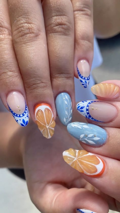 citrus summer 🍊⛱️✨💛 Inspo: @amys.clients #insponails #inspo #funnails #nailart #fruitnails #3dnails #brightnails #summernails #nailtrend… | Instagram Spring Fruit Nails, Beachy Nail Ideas, Vacation Nail Colors, Summer Nails Ideas, Beachy Nails, Stylish Nails Designs, Simple Gel Nails, Polish Ideas, Vacation Nails