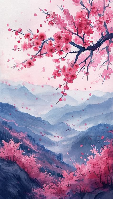 Sakura Painting Watercolour, Scenery Painting Watercolor, Sakura Watercolor Painting, Aesthetic Wallpaper Tablet, Sakura Watercolor, Photo Japon, Sakura Painting, Pretty Phone Backgrounds, Cherry Blossom Watercolor