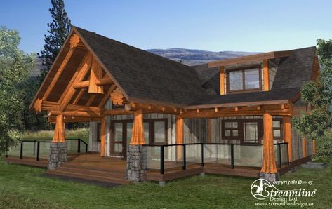 Legacy Estates Log Home Plans – 1,982 sqft – Streamline Design Post And Beam Floor Plans, Lake Home Plans, Post And Beam House, Back Porch Designs, Cabin Plans With Loft, Cabin Style Homes, Post And Beam Home, Garage Guest House, Log Home Designs