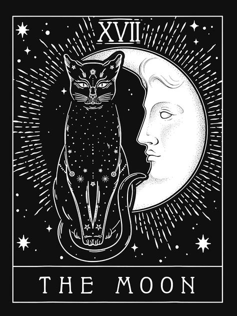 "Tarot Card Crescent Moon And Cat Graphic" Active T-Shirt by Dezutterkenny | Redbubble The Moon Tarot, Arte Punk, Tarot Cards Art, Art Carte, Tarot Art, Arte Inspo, Witch Aesthetic, Witch Art, Cat Graphic