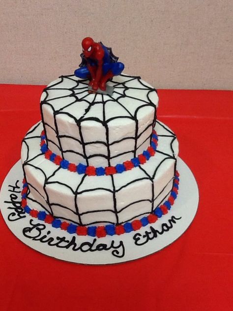 Spider-Man cake; white icing                                                                                                                                                                                 Más Cupcakes For Men, Spiderman Birthday Cake, Superhero Birthday Cake, Novelty Birthday Cakes, Spiderman Birthday Party, Superhero Cake, Mens Birthday Party, Spiderman Cake, Birthday Cake Recipe