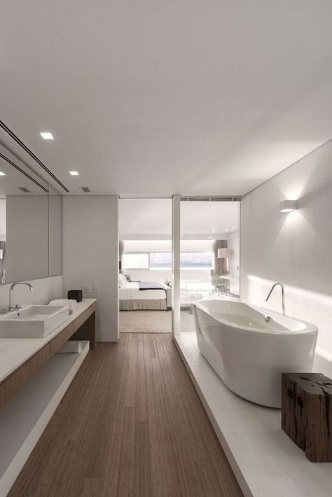 Luxurious ensuite bathrooms are always a good thing. Open Bathroom Concept, Minimalist Dekor, Open Bathroom, Minimalist Bathroom Design, Modern Bathtub, Bathtub Design, Ensuite Bathrooms, White Bath, 아파트 인테리어