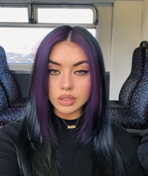 Hair Dye Color For Curly Hair, Black Hair With Purple Curtain Bangs, Dark Teal Money Piece Hair, Black Hair With Dark Purple Money Pieces, Purple Hair Front Pieces, Black Hair With Purple Front Pieces, Dark Purple Money Piece Hair, Purple Underlayer Hair, Hair Color Underneath Purple