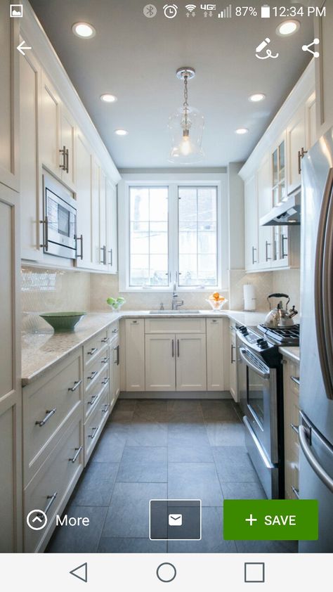 Narrow Kitchen Remodel, Small White Kitchens, Cheap Kitchen Remodel, Kitchen And Bathroom Remodeling, Cabinet Inspiration, Galley Kitchen Design, Simple Kitchen Remodel, Galley Kitchen Remodel, Kitchen Remodel Cost