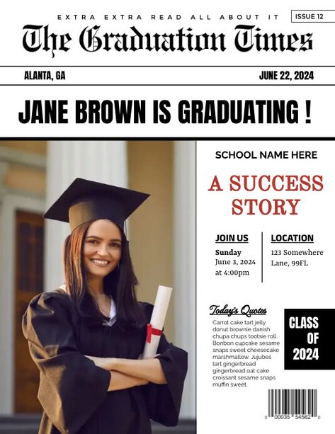 Graduation Newspaper Cover Journalism Graduation, Graduation Newspaper, Newspaper Aesthetic, Graduation Invitation Design, Logic And Critical Thinking, Grad Shoot, Linkedin Background Image, Graduation Templates, Invitations Template