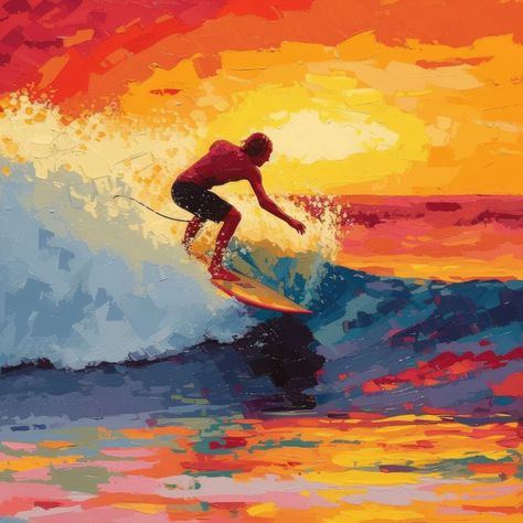 Surfing on a vibrant beach - Enea Kelo Surfing Painting, Surfing Artwork, Surfing Watercolor, Surf Art Painting, Surfing Digital Art, Surfing Watercolor Paintings, Surfer Girl Painting, Surf Artwork, Surfing Oil Painting