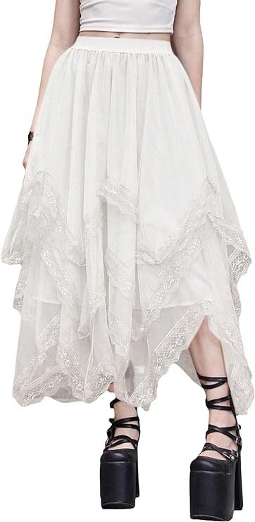 SHENHE Women's Lace Trim Layered Mesh Tulle Skirt High Waist Asymmetrical Long Goth Skirt White Small at Amazon Women’s Clothing store Long Goth Skirt, White Layered Skirt, Park Outfit, Goth Skirt, White Lace Skirt, White Long Skirt, Bridal Skirts, Skirt High Waist, Group 1