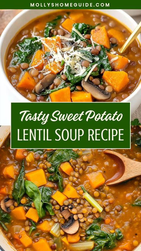 Indulge in a warm and comforting bowl of sweet potato lentil soup – a hearty, nutritious dish perfect for chilly evenings. Packed with flavor and wholesome ingredients, this soup is not only delicious but also super easy to make. Whether you're looking for a cozy meal or wanting to add more plant-based recipes to your menu, this sweet potato lentil soup is sure to please your taste buds and leave you feeling satisfied. Sweet Potato In Soup, Lentils With Sweet Potato, Lentil Sweet Potato Recipes, Red Lentil Sweet Potato Soup, Sweet Potato Recipes Soup, Nutrient Dense Soup, Lentil And Sweet Potato Recipes, Lentils Sweet Potato Recipe, Green Lentil Soup Recipe