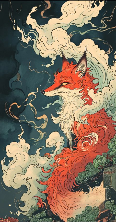 Fox Illustration Art, Kitsune Fox Spirit, Huli Jing, Studio Ghibli Fanart, Fox Artwork, Art Mobile, Fox Spirit, Fox Illustration, Canine Art