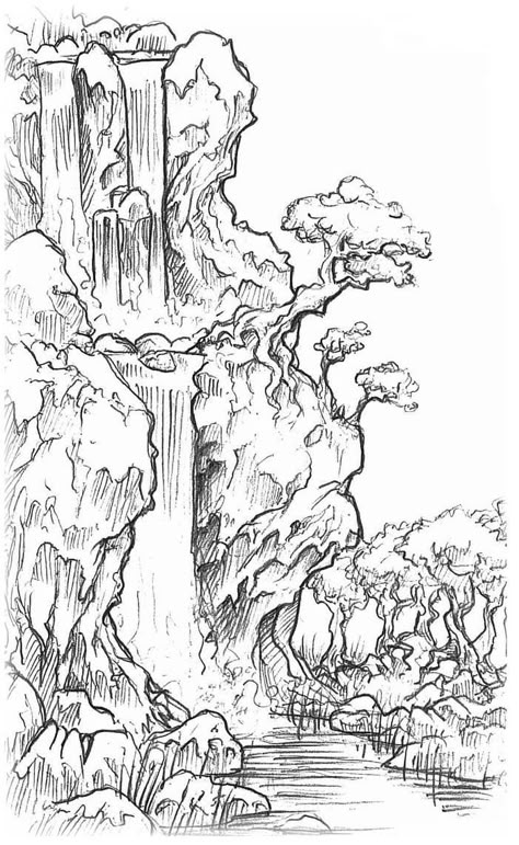 Rainforest Trees Drawing, Waterfall Simple Drawing, Cool Landscape Drawings, Jungle Background Drawing, Mountain Waterfall Drawing, How To Draw A Waterfall, Japanese Tree Drawing, Rainforest Sketch, Water Falls Drawing