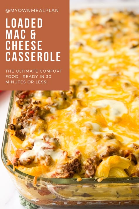 If this recipe doesn’t SCREAM comfort food, I don’t know what does! This Loaded Mac & Cheese Casserole is packed with cheesy, meaty goodness! This dish comes together in seriously no time at all and it’s a meal that the entire family will love. Made with macaroni noodles, ground beef, garlic, marinara sauce, canned tomatoes, and of course, cheese! You probably already have all these ingredients on hand, let’s get cooking! Macaroni And Cheese With Ground Beef Casserole, Cheesy Beef Macaroni Casserole, Loaded Mac And Cheese Recipe Baked, Macaroni And Cheese Pizza Casserole, Mac And Cheese With Ground Beef Recipes, Recipes With Macaroni And Cheese, Burger Macaroni Casserole, Ground Meat And Macaroni Recipes, Hot Dish With Hamburger