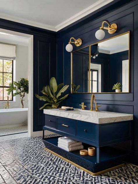 10 Captivating Navy Bathroom Ideas - Homezillo Navy Bathroom Ideas, Clawfoot Tub Ideas, Designing A Bathroom, Dark Blue Bathrooms, Clawfoot Tubs, Navy Bathroom, 1920s Design, Statement Tiles, Blue Bathroom Vanity