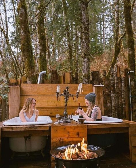 Oregon Treehouse, Outdoor Tubs, Land Acknowledgement, Treehouse Airbnb, Outdoor Bathtub, Rustic Luxury, Outdoor Bathroom Design, Outdoor Tub, Outdoor Sinks