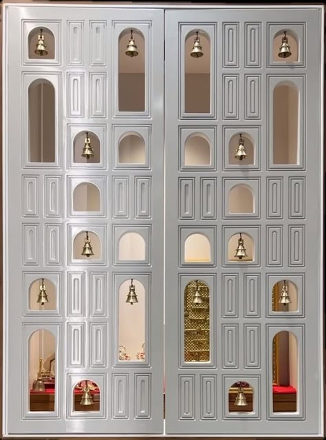 Puja Partition Design, Modern Pooja Door Design, Mandir Door Jali Design, Temple Cnc Design, Mandir Design Door, Mandir Partition Design, Mandir Door Cnc Design, Puja Door Design, Jain Mandir Design Puja Room