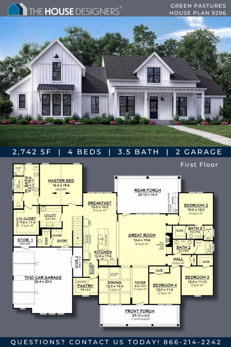 🏡 House Plan 9296 is the perfect farmhouse blend of charm and modern convenience! With 2,742 sq. ft. of one-story living, this home offers balanced appeal and thoughtful design.

✨ Highlights include:
🍽 Formal coffered dining room & casual breakfast nook
🧑‍🍳 Kitchen with butler’s pantry & walk-in pantry for easy hosting
🛏 Luxurious primary suite with vaulted ceiling, five-piece bath & walk-in closet connected to the laundry room
🚪 Three additional bedrooms, including a private suite & shared bath setup
🏠 Bonus room over the garage & spacious back porch with an optional outdoor kitchen

This design is perfect for families who love functional spaces and timeless farmhouse style! 🌟 Dining Room Casual, Breakfast Nook Kitchen, Nook Kitchen, Timeless Farmhouse, Green Pastures, Primary Suite, House Dream, Casual Dining Rooms, Farmhouse Style House Plans