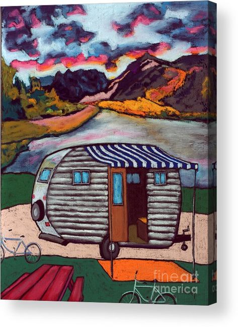 Camping Acrylic Print featuring the painting Lake Hemet California by David Hinds Hemet California, Cabin On Lake, San Bernardino National Forest, David Hinds, Camper Art, Contemporary Folk Art, Lake Painting, California Art, Artwork Painting