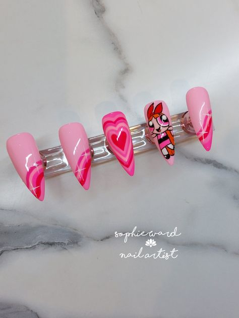 Powerpuff Girls Heart Nails, Power Puff Nail Art, Blossom Nails Powerpuff, Powerpuff Girl Nail Art, Power Puff Nails, Power Puff Girls Nails, Powerpuff Girls Nail Art, Powerpuff Nails, Powder Puff Girls